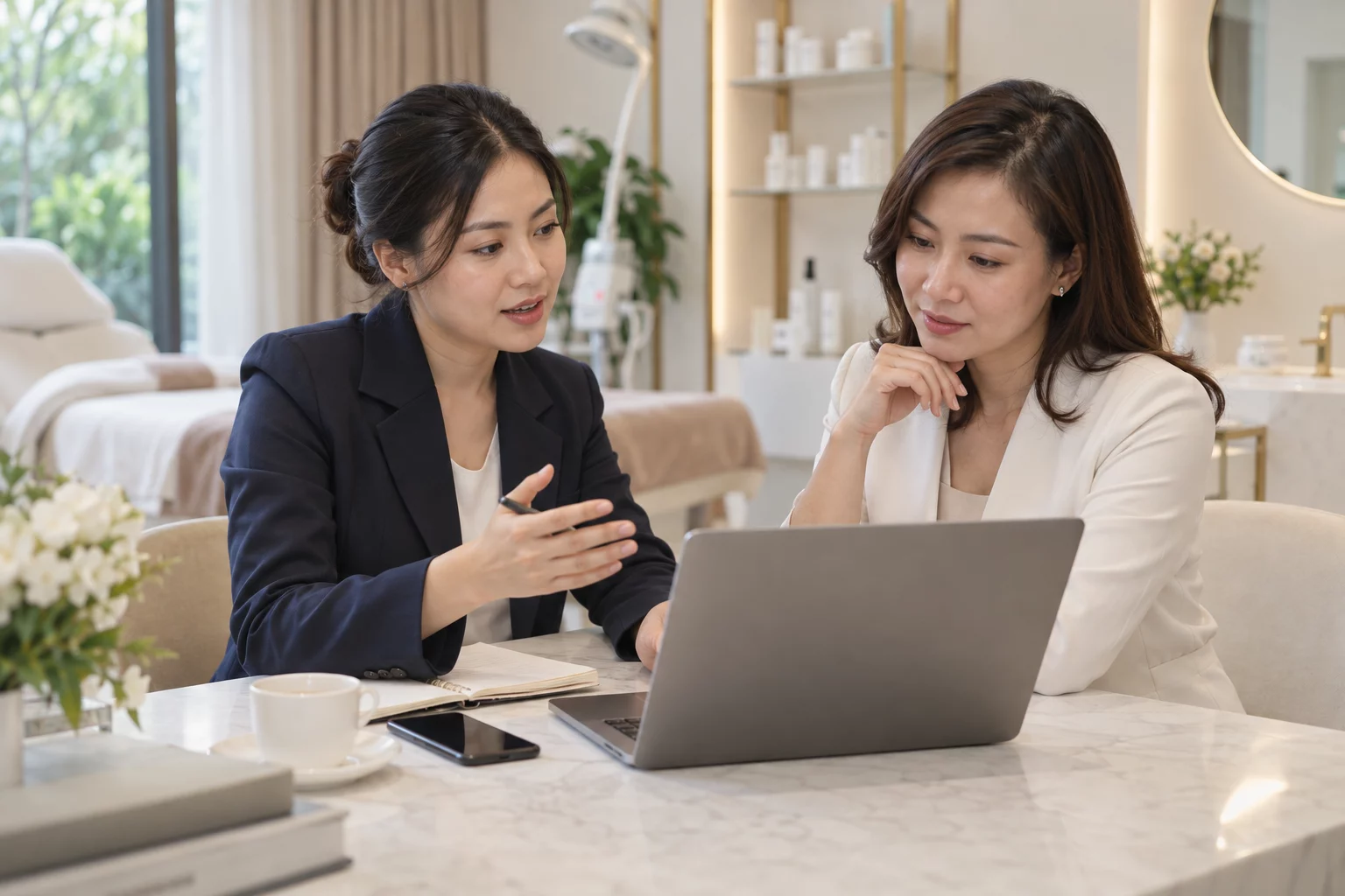 Chuyên viên SEO và quản lý cơ sở thẩm mỹ phân tích nhu cầu tìm kiếm và hành trình đặt lịch của khách hàng