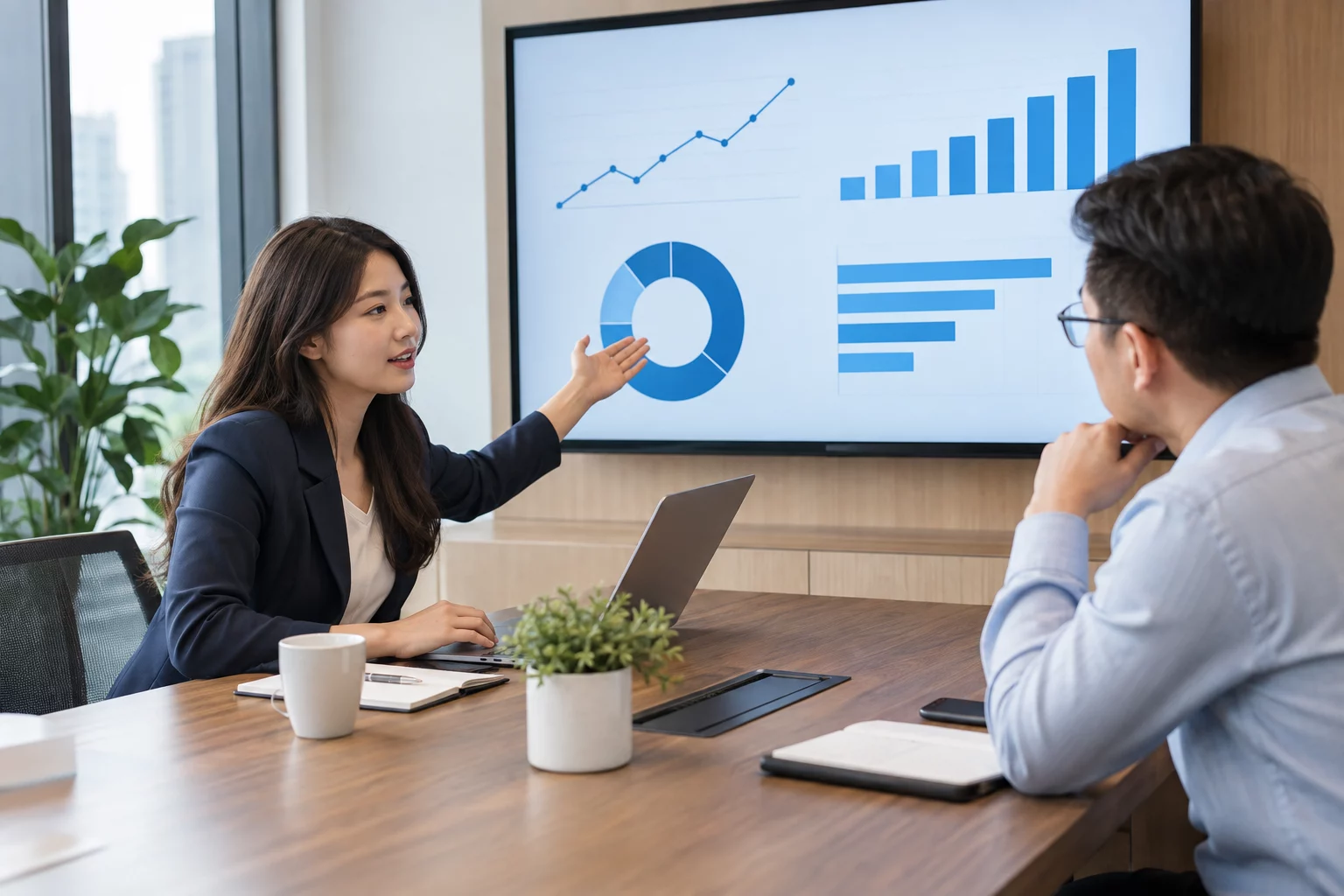 Quản lý dự án trình bày kết quả SEO và các hạng mục ưu tiên trong buổi báo cáo với khách hàng