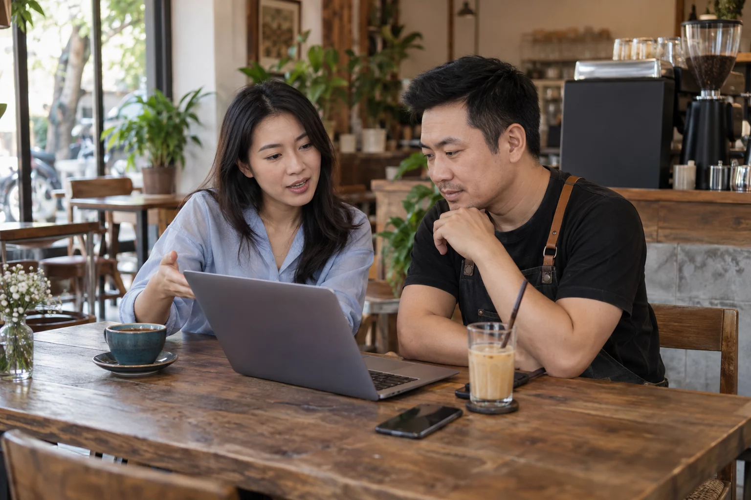 Chuyên viên Local SEO trao đổi với chủ doanh nghiệp về Google Maps và khả năng tiếp cận khách hàng gần cửa hàng