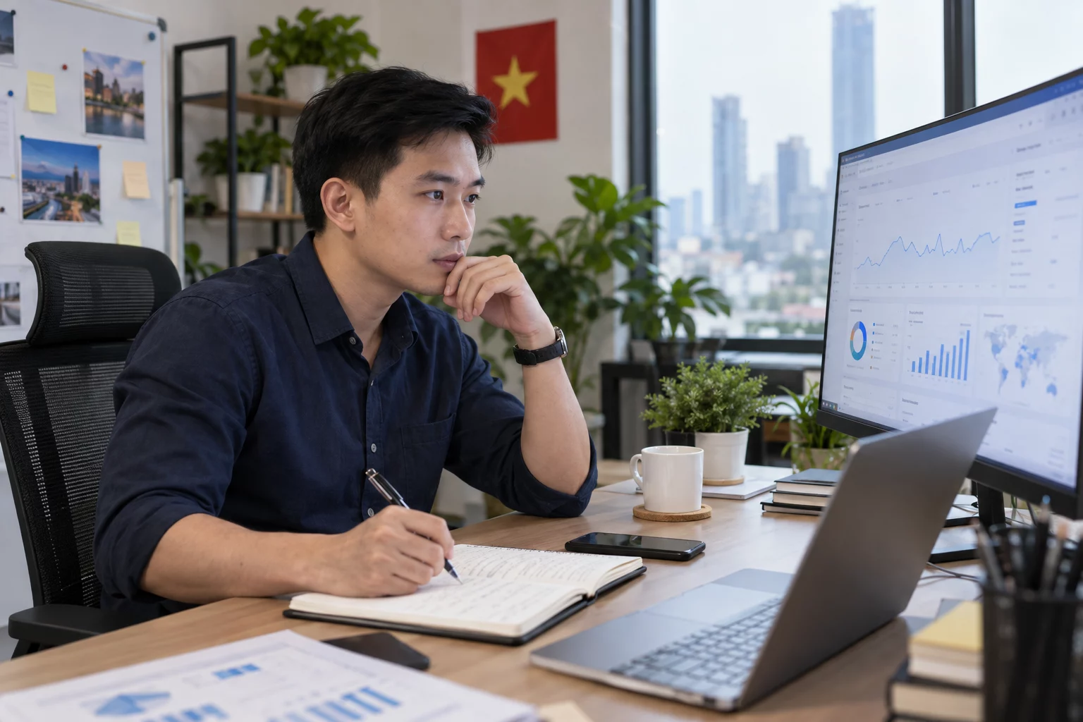 Chuyên viên SEO phân tích xu hướng truy cập tự nhiên, thứ hạng từ khóa và dữ liệu chuyển đổi của website