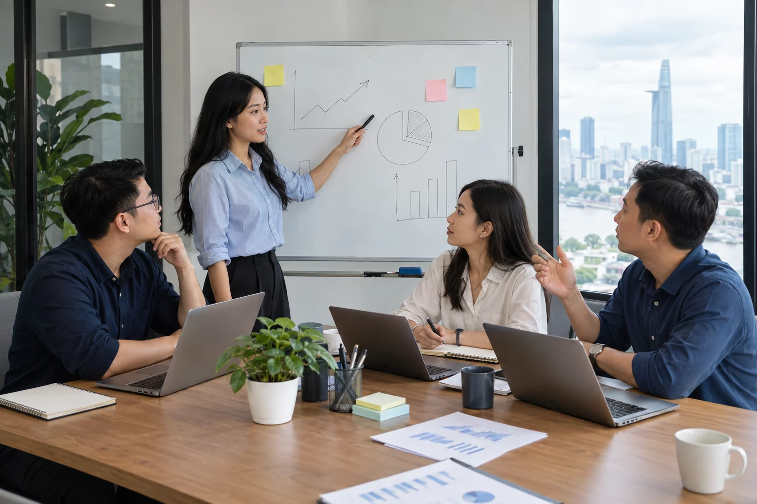Đội ngũ SEO thảo luận dữ liệu, mục tiêu và kế hoạch triển khai trong cuộc họp chiến lược